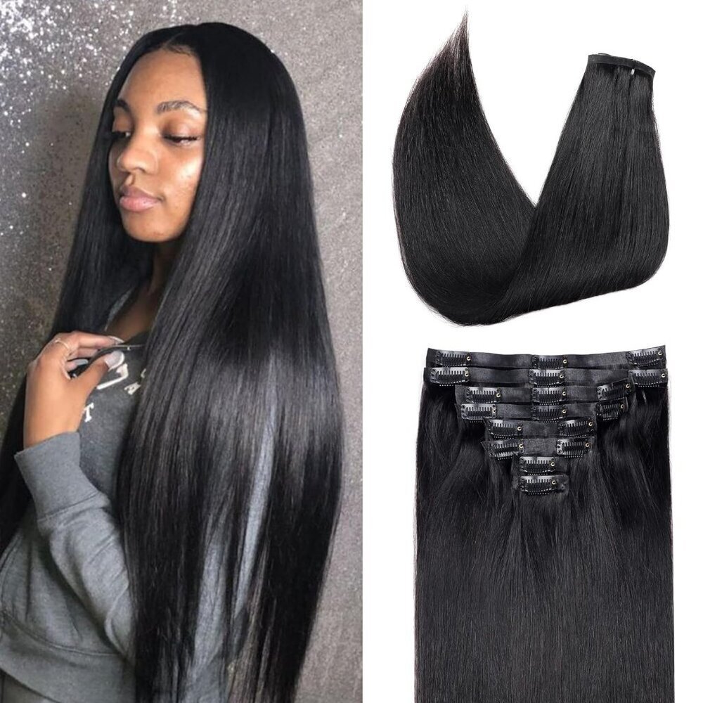 Hair Extensions Human Hair 30in Black Clip In Natural Remy Seamless